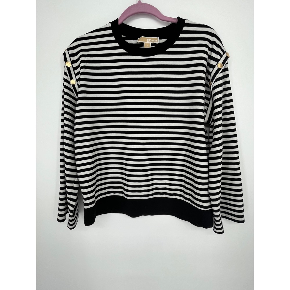 Michael Kors Striped Gold Button Shoulder Top Women M Black White Preppy Class